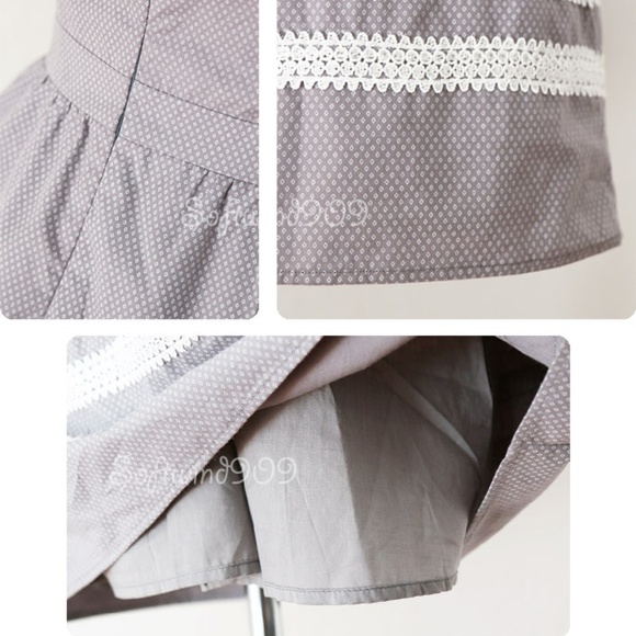 Gray White Lace Trim 100% Cotton Cute A line Dress - Picture 6 of 8